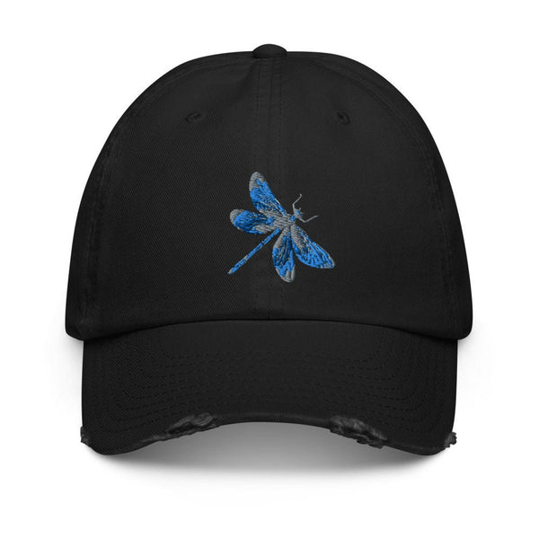 New Custom Designed Light Blue Distressed Baseball Cap w Blue & White Dragonfly Dragonfly Hat: Distressed Cotton Baseball Cap, Nature Lover  main image 2