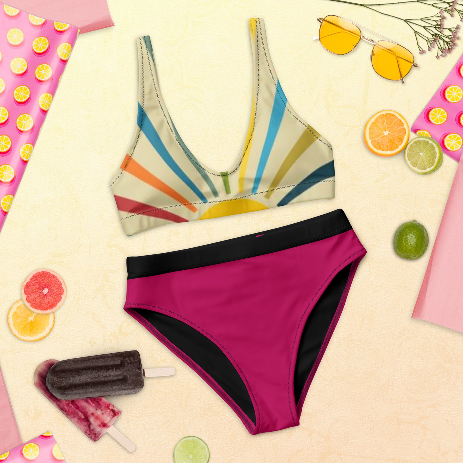 Eco Vintage Retro Sun Hot Pink Recycled High-Waisted Bikini - Area F Island Clothing