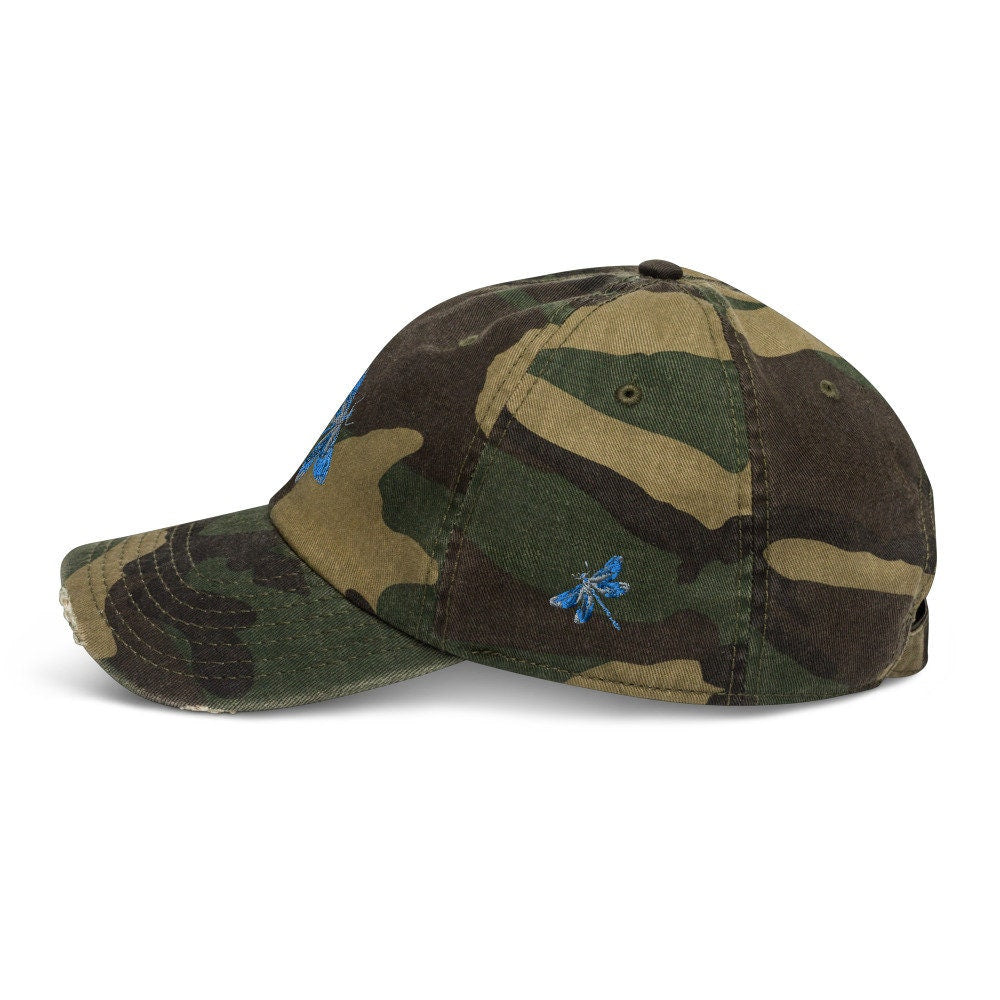 Embroidered Blue Dragonfly Distressed Baseball Cap - Area F Island Clothing