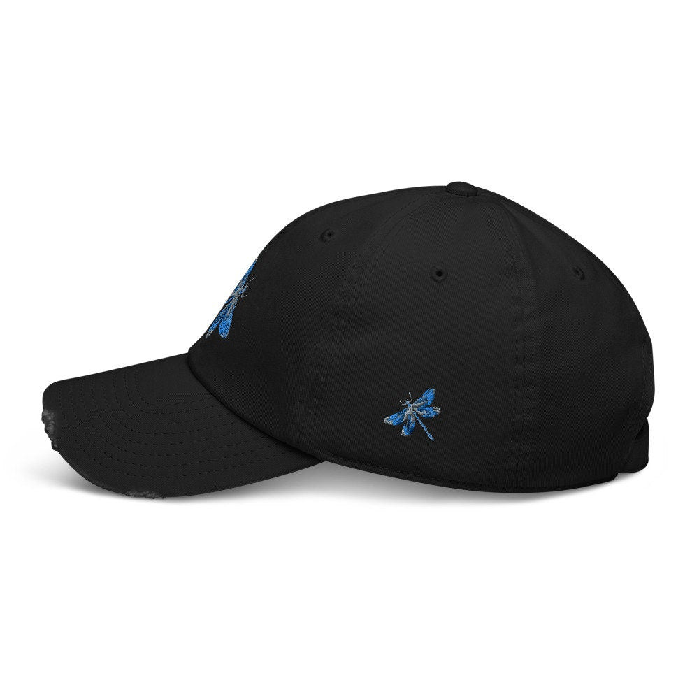 Embroidered Blue Dragonfly Distressed Baseball Cap - Area F Island Clothing