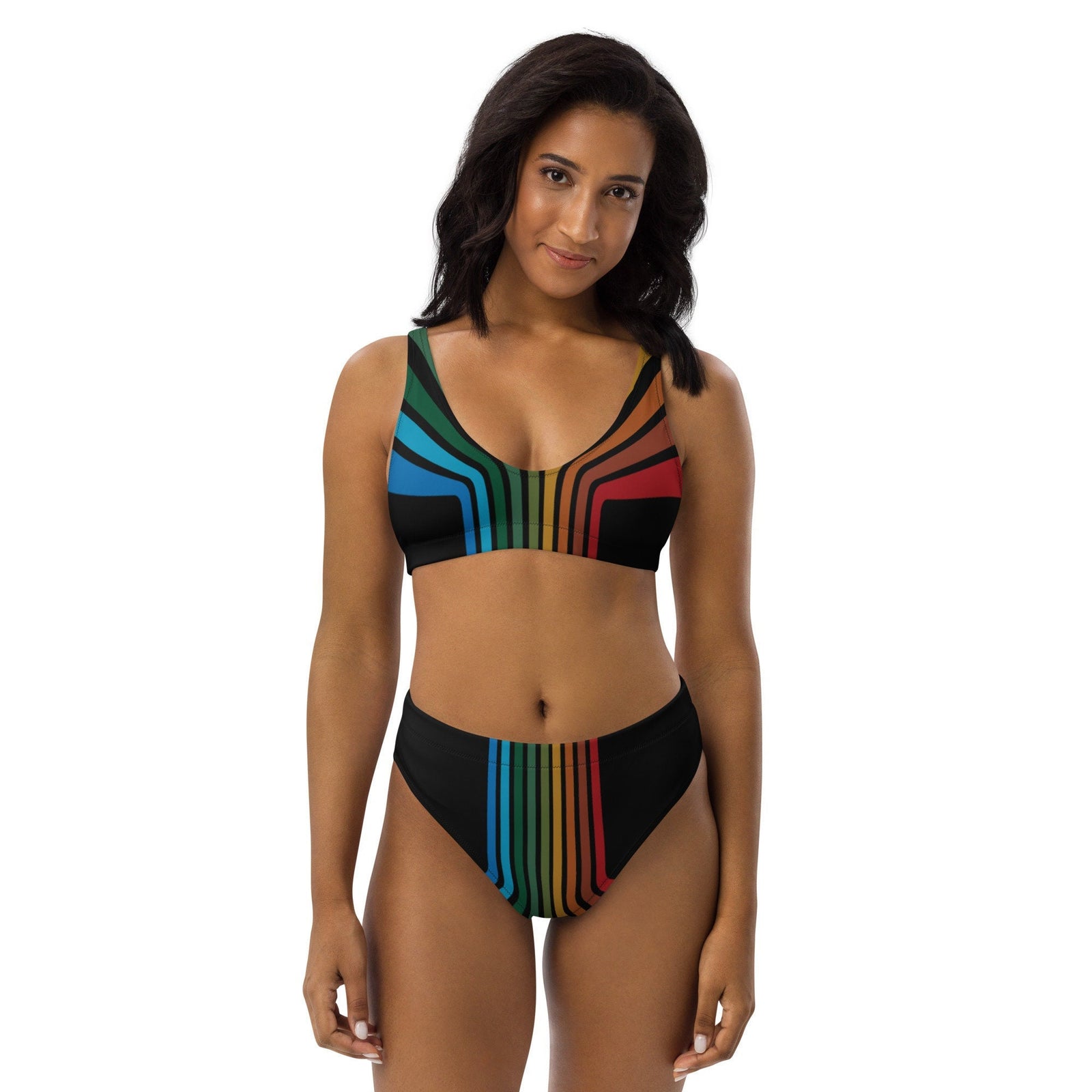 Eco Vintage Retro II Vertical Color Bar Recycled High-Waisted Bikini - Area F Island Clothing